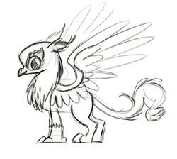Size: 900x807 | Tagged: safe, artist:lauren faust, character:gilda, oc, oc:grizelda, species:griffon, behind the scenes, color me, concept art, looking at you, monochrome, sketch, smiling, solo, spread wings, what could have been, wings