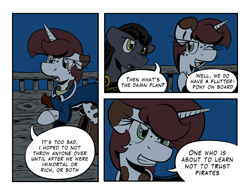 Size: 1124x876 | Tagged: safe, artist:darkhestur, artist:rosexknight, oc, oc only, oc:cammy, ask, comic, dialogue, floppy ears, grin, one eye closed, open mouth, panels, pirate, ship, smiling, story, tumblr, vulgar, wink
