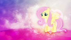 Size: 3840x2160 | Tagged: safe, artist:game-beatx14, artist:kiowa213, character:fluttershy, bright, cloud, cute, female, looking at you, raised hoof, shyabetes, smiling, solo, spread wings, wallpaper, wings