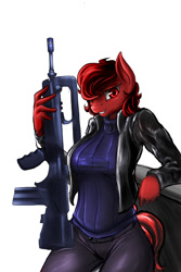 Size: 1000x1500 | Tagged: safe, artist:d-lowell, oc, oc only, oc:scarlet, species:anthro, species:earth pony, species:pony, assault rifle, famas, female, gun, pose, red eyes, red hair, rifle, solo, weapon