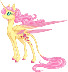 Size: 1545x1644 | Tagged: safe, artist:australian-senior, character:fluttershy, species:alicorn, species:pony, alicornified, alternate universe, colored hooves, colored wings, colored wingtips, female, fluttercorn, kirindos, looking up, profile, race swap, simple background, solo, sparkles, spread wings, standing, transparent background, wings