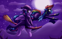 Size: 4003x2581 | Tagged: safe, artist:graphene, character:rainbow dash, character:twilight sparkle, character:twilight sparkle (alicorn), species:alicorn, species:pony, broom, clothing, cloud, costume, cute, dashabetes, duo, flying, flying broomstick, full moon, hat, looking at you, moon, night, night sky, nightmare night, open mouth, shadowbolt dash, shadowbolts costume, smiling, spread wings, stars, twiabetes, wings, witch, witch hat
