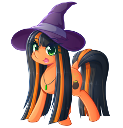 Size: 1280x1334 | Tagged: safe, artist:fluffymaiden, oc, oc only, oc:pumpkin spice, clothing, cute, hat, jewelry, long mane, looking at you, necklace, open mouth, simple background, smiling, solo, transparent background, witch hat