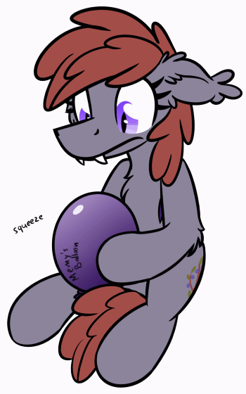Size: 350x560 | Tagged: safe, artist:moemneop, oc, oc only, oc:lukida, species:bat pony, species:pony, animated, balloon, chest fluff, cutie mark, ear fluff, ear tufts, elbow fluff, eyelashes, fangs, gif, nostrils, sitting, solo, squeezing, text