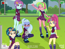 Size: 1794x1355 | Tagged: safe, artist:charliexe, character:indigo zap, character:lemon zest, character:sour sweet, character:sugarcoat, character:sunny flare, equestria girls:friendship games, g4, my little pony: equestria girls, my little pony:equestria girls, camera shot, cat, clothing, crystal prep academy uniform, crystal prep shadowbolts, cute, devil horn (gesture), faec, glasses, goggles, headphones, high heels, leggings, legs, looking at you, miniskirt, pigtails, plaid skirt, pleated skirt, ponytail, school uniform, schrödinger's pantsu, shadow five, shoes, skirt, skirt lift, smiling, smirk, socks, thighs, twintails