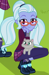 Size: 457x691 | Tagged: safe, artist:charliexe, edit, character:sugarcoat, equestria girls:friendship games, g4, my little pony: equestria girls, my little pony:equestria girls, cat, clothing, cropped, crystal prep academy uniform, crystal prep shadowbolts, cute, female, looking at you, meme, school uniform, smiling, solo, squatting, sugarcute