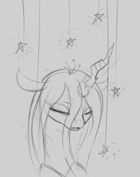 Size: 950x1200 | Tagged: safe, artist:ventious, character:queen chrysalis, species:changeling, female, monochrome, sketch, solo, stars