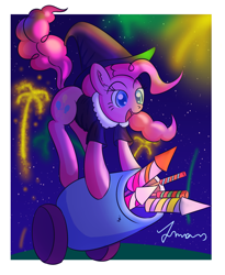 Size: 1350x1650 | Tagged: dead source, safe, artist:atmosseven, character:pinkie pie, clothing, female, fireworks, guy fawkes day, hat, party cannon, shirt, solo, witch hat