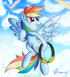 Size: 1500x1650 | Tagged: safe, artist:atmosseven, character:rainbow dash, backwards cutie mark, cloud, female, flying, goggles, grin, smiling, solo