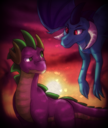 Size: 1013x1200 | Tagged: safe, artist:not-ordinary-pony, character:princess ember, character:spike, ship:emberspike, heart, looking at each other, male, older, older spike, shipping, straight, sunset