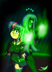Size: 1024x1408 | Tagged: safe, artist:ringteam, character:queen chrysalis, character:twilight sparkle, species:changeling, species:human, duo, fangs, humanized, looking at you, looking back, magic