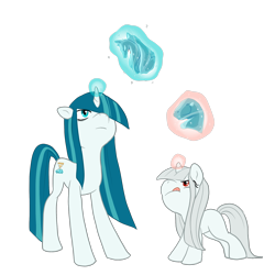 Size: 2000x2000 | Tagged: safe, artist:pixel-prism, oc, oc only, oc:hoarfrost, oc:snowfield, species:pony, species:unicorn, albino, cute, female, filly, foal, hair over one eye, ice sculpture, simple background, transparent background