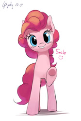 Size: 500x750 | Tagged: safe, artist:luciferamon, character:pinkie pie, species:earth pony, species:pony, cute, diapinkes, female, front view, looking at you, mare, simple background, smiling, solo, underhoof, white background