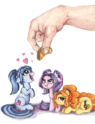 Size: 1000x1300 | Tagged: safe, artist:buttersprinkle, character:adagio dazzle, character:aria blaze, character:sonata dusk, species:human, species:pony, adoragio, ariabetes, behaving like a dog, buttersprinkle is trying to murder us, cute, eyes on the prize, feeding, floppy ears, food, grumpy, hand, heart, looking up, micro, ponified, prone, puffy cheeks, size difference, sonatabetes, sonataco, taco, taco tuesday, the dazzlings, tiny, tiny ponies