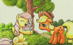 Size: 1920x1200 | Tagged: safe, artist:kittyhawk-contrail, character:angel bunny, character:applejack, character:fluttershy, species:rabbit, applejack is not amused, copic, duo, holding, lidded eyes, open mouth, showing, sitting, traditional art, tree, unamused