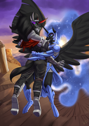 Size: 885x1250 | Tagged: safe, artist:siberwar, character:king sombra, character:nightmare moon, character:princess luna, species:anthro, species:unguligrade anthro, armor, bear hug, crushing, duo, fangs, fight, muscles, sunrise