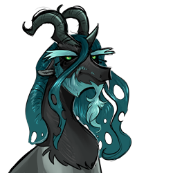 Size: 3000x3000 | Tagged: safe, artist:vindhov, oc, oc only, oc:parasite, parent:discord, parent:queen chrysalis, parents:discolis, annoyed, bust, facial hair, female, goatee, hybrid, interspecies offspring, offspring, portrait, simple background, solo, transparent background
