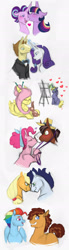 Size: 600x2165 | Tagged: safe, artist:vindhov, character:applejack, character:donut joe, character:fluttershy, character:pinkie pie, character:ponet, character:quibble pants, character:rainbow dash, character:rarity, character:soarin', character:starlight glimmer, character:trouble shoes, character:twilight sparkle, character:twilight sparkle (alicorn), species:alicorn, species:pony, species:rabbit, ship:quibbledash, ship:soarinjack, ship:twistarlight, alternate hairstyle, blushing, canvas, clothing, easel, eyes closed, female, floppy ears, glowing horn, hat, heart, heart eyes, kissing, lesbian, levitation, lidded eyes, looking at each other, looking back, magic, male, mane six, open mouth, paintbrush, painting, ponetshy, prone, rainbow power, rarijoe, shipping, sitting, smiling, straight, telekinesis, trouble pie, wingding eyes