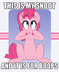 Size: 2167x2620 | Tagged: safe, artist:january3rd, character:pinkie pie, species:earth pony, species:pony, :o, boop, boop the snoot, bronybait, chest fluff, cute, diapinkes, female, image macro, imminent boop, looking up, mare, meme, open mouth, pointing, simple background, sitting, snoot, solo, white background, wide eyes