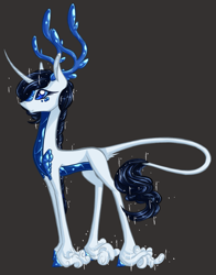 Size: 1127x1439 | Tagged: safe, artist:australian-senior, oc, oc only, oc:rowena invictus, species:alicorn, species:kirin, species:pony, alternate universe, antlers, blue eyes, colored hooves, colored sclera, crossover, curved horn, gray background, kirindos, leonine tail, portal, portal (valve), portal 2, scales, simple background, solo, unshorn fetlocks