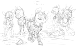 Size: 1500x900 | Tagged: safe, artist:celestiawept, oc, oc only, oc:blackjack, oc:morning glory (project horizons), oc:p-21, oc:rampage, fallout equestria, fallout equestria: project horizons, monochrome, sketch