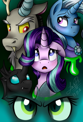 Size: 1300x1900 | Tagged: safe, artist:jack-pie, character:discord, character:queen chrysalis, character:starlight glimmer, character:thorax, character:trixie, species:pony, species:unicorn, episode:to where and back again, g4, my little pony: friendship is magic, blushing, eye, eyes, group, looking back, open mouth, reformed four, trixie's cape