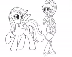 Size: 1922x1526 | Tagged: safe, artist:jmkplover, character:firefly, character:megan williams, g1, my little pony:equestria girls, g1 to equestria girls, g1 to g4, generation leap, lineart, monochrome, raised hoof, spread wings, traditional art, wings