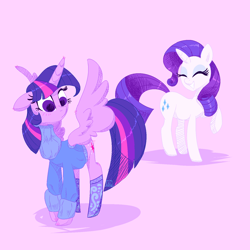 Size: 1500x1500 | Tagged: safe, artist:ogaraorcynder, character:rarity, character:twilight sparkle, character:twilight sparkle (alicorn), species:alicorn, species:pony, ship:rarilight, clothing, eyes closed, female, floppy ears, lesbian, mare, pink background, raised hoof, rartwi, shipping, simple background, smiling, spread wings, stockings, sweater, wings
