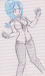Size: 1290x2181 | Tagged: safe, artist:orochivanus, character:sonata dusk, my little pony:equestria girls, breasts, busty sonata dusk, clothing, female, fingerless gloves, gloves, lined paper, necktie, pants, shirt, solo, traditional art