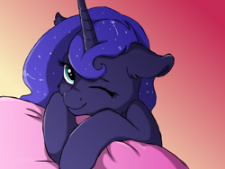 Size: 1600x1200 | Tagged: safe, artist:buttersprinkle, character:princess luna, species:pony, cute, ear fluff, eyelashes, female, floppy ears, fluffy, lidded eyes, looking at you, lunabetes, mare, missing accessory, one eye closed, pillow, smiling, solo, sweet dreams fuel, wink