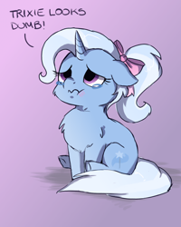 Size: 1200x1500 | Tagged: safe, artist:buttersprinkle, character:trixie, species:pony, species:unicorn, :t, adorable distress, alternate hairstyle, blatant lies, blushing, bow, buttersprinkle is trying to murder us, cheek fluff, chest fluff, crying, cute, dialogue, diatrixes, female, filly, floppy ears, fluffy, frown, gradient background, hair bow, i'm not cute, lidded eyes, looking up, mane bow, ponytail, purple background, sad, sadorable, scrunchy face, self loathing, simple background, sitting, solo, teary eyes, third person, underhoof, wavy mouth, younger
