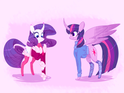 Size: 2000x1500 | Tagged: safe, artist:ogaraorcynder, character:rarity, character:twilight sparkle, character:twilight sparkle (alicorn), species:alicorn, species:pony, ship:rarilight, blushing, clothing, curved horn, cute, cutie mark clothes, female, floating wings, lesbian, mare, raised hoof, rartwi, shipping, smiling, stockings, sweater, twiabetes