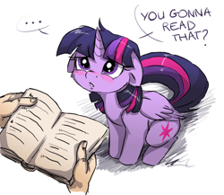 Size: 1500x1300 | Tagged: safe, artist:buttersprinkle, character:twilight sparkle, character:twilight sparkle (alicorn), species:alicorn, species:human, species:pony, ..., adorkable, blushing, book, bookhorse, buttersprinkle is trying to murder us, cheek fluff, cute, dialogue, disembodied hand, dork, female, floppy ears, frown, looking up, offscreen character, sad, simple background, sitting, sweet dreams fuel, that pony sure does love books, twiabetes, white background