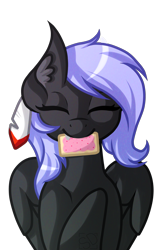 Size: 1863x2926 | Tagged: safe, artist:amazing-artsong, artist:popturtart, oc, oc only, oc:cloudy night, species:pegasus, species:pony, ear fluff, eyes closed, female, food, mare, mouth hold, poptart, simple background, solo, transparent background