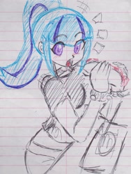 Size: 1295x1721 | Tagged: safe, artist:orochivanus, character:sonata dusk, my little pony:equestria girls, blushing, caught, clothing, eating, female, food, lined paper, open mouth, ponytail, skirt, solo, traditional art