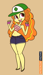 Size: 857x1500 | Tagged: safe, artist:khuzang, character:adagio dazzle, equestria girls:rainbow rocks, g4, my little pony: equestria girls, my little pony:equestria girls, adagio dat-azzle, belly button, cap, clothing, female, fingerless gloves, gloves, hat, inner workings, midriff, open mouth, sandals, shorts, simple background, smiling, solo, tank top, wide hips