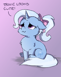 Size: 1200x1500 | Tagged: safe, artist:buttersprinkle, edit, editor:iron steed, character:trixie, species:pony, species:unicorn, :3, alternate hairstyle, bow, buttersprinkle is trying to murder us, chest fluff, cute, dialogue, diatrixes, female, floppy ears, fluffy, gradient background, hair bow, looking up, ponytail, sitting, smiling, solo, truth, underhoof