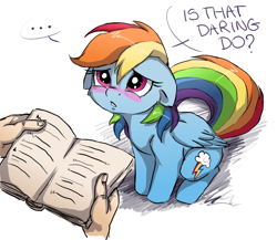 Size: 1500x1300 | Tagged: safe, artist:buttersprinkle, character:rainbow dash, species:human, species:pony, g4, ..., adorkable, blushing, book, buttersprinkle is trying to murder us, cute, dashabetes, dawwww, dialogue, disembodied hand, dork, egghead, floppy ears, fluffy, frown, hnnng, looking up, offscreen character, rainbow dork, sad, simple background, sitting, sweet dreams fuel, text, white background