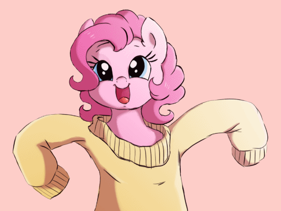 Size: 550x412 | Tagged: safe, artist:buttersprinkle, artist:szafir87, character:pinkie pie, species:pony, animated, buttersprinkle is trying to murder us, clothing, cute, dawwww, dialogue, diapinkes, female, gif, hnnng, looking at you, mare, open mouth, oversized clothes, pink background, simple background, solo, sweater, szafir87 is trying to murder us