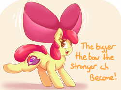 Size: 1280x954 | Tagged: safe, artist:graphene, character:apple bloom, adorabloom, bow, cute, cutie mark, female, i grow stronger every day, impossibly large bow, solo, strong, the cmc's cutie marks