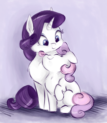 Size: 992x1136 | Tagged: safe, artist:buttersprinkle, character:rarity, character:sweetie belle, species:pony, species:unicorn, behaving like a cat, buttersprinkle is trying to murder us, chest fluff, cuddling, cute, dawwww, diasweetes, eyes closed, female, filly, floppy ears, hnnng, kitty belle, mare, neck nuzzle, nuzzling, raised hoof, raribetes, raricat, sisters, sitting, smiling, snuggling, weapons-grade cute