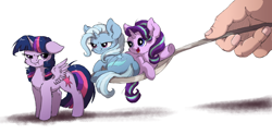 Size: 1800x888 | Tagged: safe, artist:buttersprinkle, character:starlight glimmer, character:trixie, character:twilight sparkle, character:twilight sparkle (alicorn), species:alicorn, species:human, species:pony, species:unicorn, :t, angry, buttersprinkle is trying to murder us, cheek fluff, chest fluff, cute, diatrixes, female, floppy ears, fluffy, frown, glare, glimmerbetes, grumpy, hand, horse spooning meme, in goliath's palm, lidded eyes, looking at you, looking back, mare, meme, micro, offscreen character, open mouth, prone, puffy cheeks, raised hoof, scrunchy face, simple background, size difference, smiling, smirk, spoon, spread wings, tiny, tiny ponies, twiabetes, twilight is not amused, unamused, underhoof, waving, weapons-grade cute, white background, wing fluff, wings