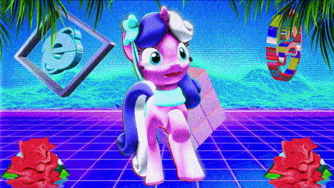 Size: 480x270 | Tagged: safe, artist:bastbrushie, oc, oc only, oc:floral shoppe, species:pony, species:unicorn, 3d, aesthetics, animated, bow, dolphin, flower, gif, grid, internet explorer, open mouth, palm tree, raised hoof, retro, rose, rubik's cube, smiley, smiling, solo, tree, vaporwave, wat, wide eyes