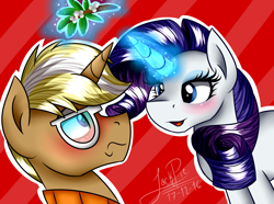 Size: 1750x1300 | Tagged: safe, artist:jack-pie, character:rarity, character:trenderhoof, blushing, duo, glowing horn, magic, male, mistletoe, shipping, skunk stripe, straight, trenderity