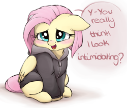 Size: 2000x1708 | Tagged: safe, artist:buttersprinkle, character:fluttershy, species:pegasus, species:pony, alternate hairstyle, blushing, bronybait, buttersprinkle is trying to murder us, clothing, cute, dawwww, dialogue, female, floppy ears, haircut, hnnng, hoodie, looking at you, mare, open mouth, shyabetes, simple background, sitting, smiling, solo, text, weapons-grade cute, white background