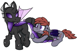 Size: 2162x1464 | Tagged: safe, artist:moemneop, oc, oc only, oc:lukida, oc:memorynumber, species:bat pony, species:changeling, species:pony, changeling oc, hug, purple changeling, simple background, tail hug, transparent background