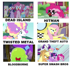 Size: 760x700 | Tagged: safe, artist:brandonale, edit, edited screencap, screencap, character:applejack, character:big mcintosh, character:cheerilee, character:cup cake, character:fluttershy, character:pinkie pie, character:pound cake, character:pumpkin cake, character:rainbow dash, character:rarity, character:smooze, character:twilight sparkle, character:twilight sparkle (alicorn), species:alicorn, species:pony, episode:28 pranks later, episode:a canterlot wedding, episode:inspiration manifestation, episode:make new friends but keep discord, episode:pinkie pride, episode:putting your hoof down, g4, my little pony: friendship is magic, bloodborne, dead island, grand theft auto, hitman, male, mane six, meme, super smash bros., twisted metal, video game