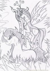 Size: 1624x2295 | Tagged: safe, artist:rossmaniteanzu, character:king sombra, character:queen chrysalis, ship:chrysombra, crystal, male, monochrome, shipping, straight, traditional art