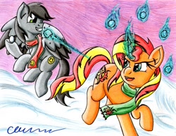 Size: 1024x792 | Tagged: safe, artist:the1king, character:sunset shimmer, oc, oc:silver lining, species:pegasus, species:pony, block, clothing, commission, magic, scarf, signature, snow, snowball, snowball fight