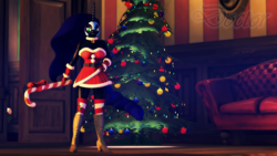 Size: 1280x720 | Tagged: safe, artist:doctorthei, character:nightmare moon, character:princess luna, species:anthro, species:plantigrade anthro, 3d, bell, bell collar, breasts, busty nightmare moon, candy, candy cane, christmas tree, clothing, collar, couch, dress, female, food, high heel boots, high heels, looking at you, socks, solo, source filmmaker, striped socks, tree, wingless, wingless anthro